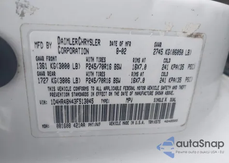 2003 Dodge Durango Slt z USA, uszkodzony, nr VIN 1D4HR48N43F513045